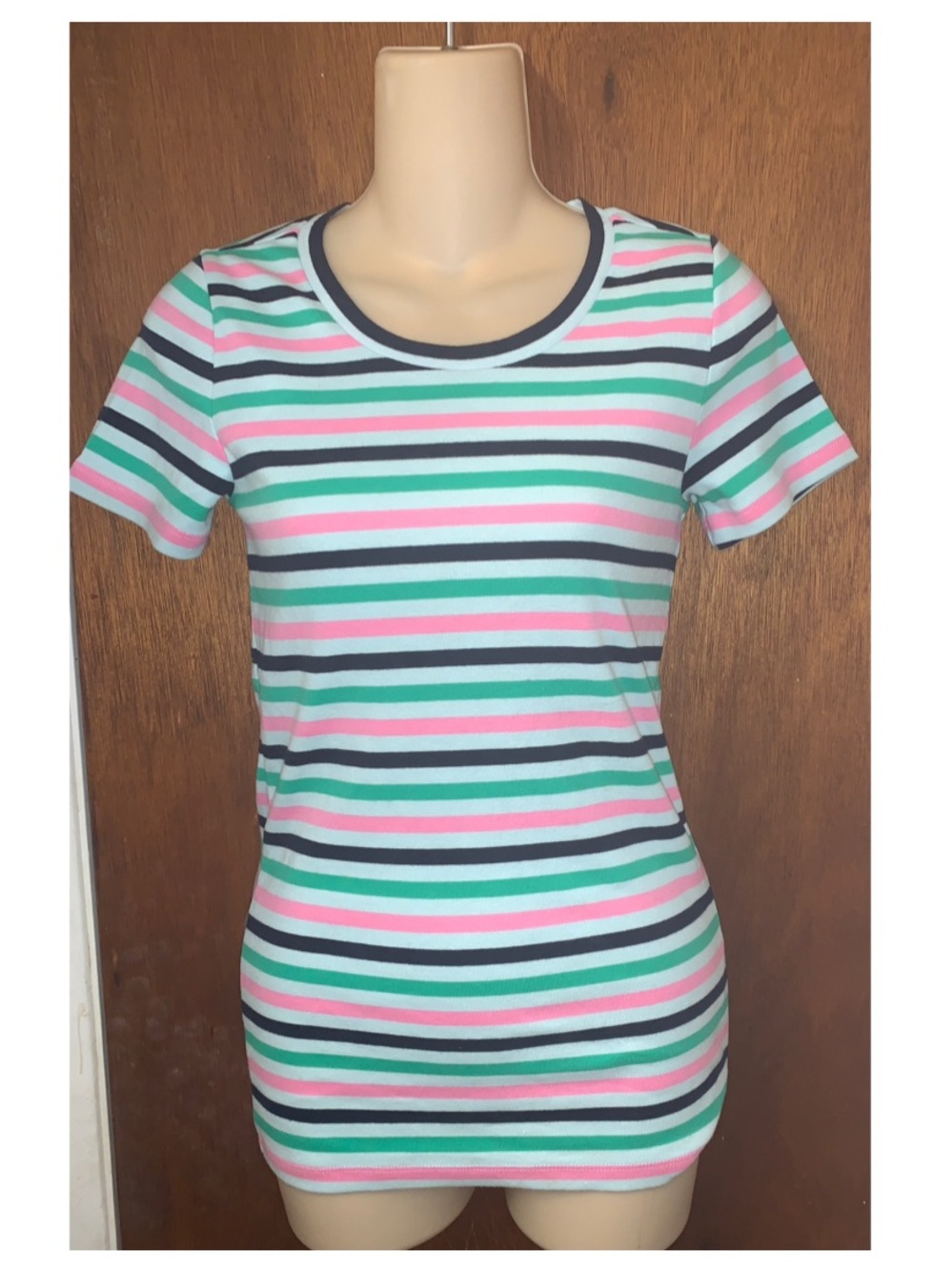J. Crew Striped Crewneck Tee in Pink, Green & Navy